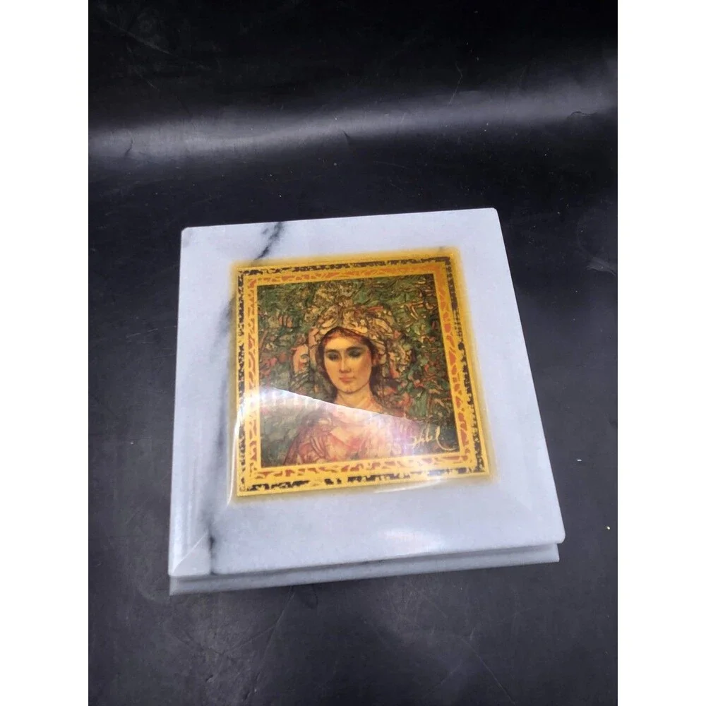 Vintage Marble Trinket Box Lid White Beautiful Woman Portrait Stone Jewelry Box